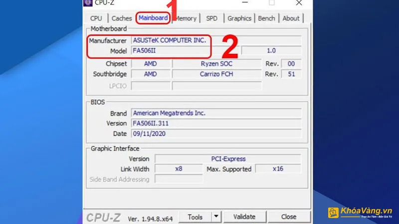 CPU-Z hiển thị chi tiết socket và thông số mainboard