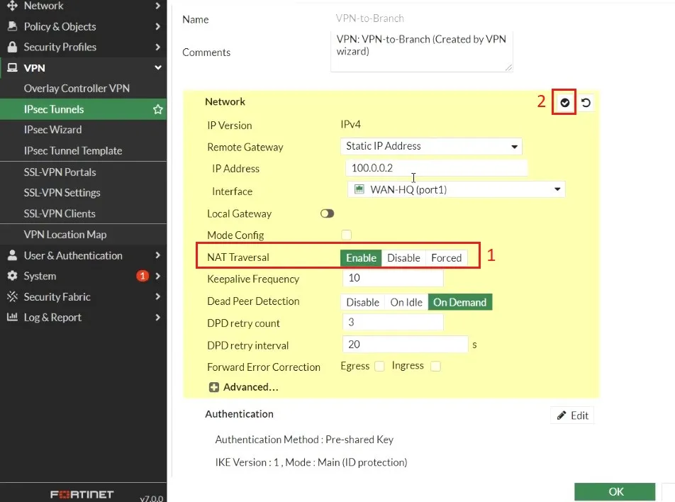 enable NAT traversal trong menu Network