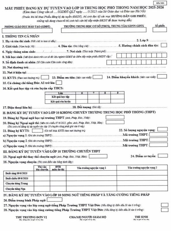 Phiếu tìm hiểu thông tin học sinh lớp 10 năm học 2025-2026