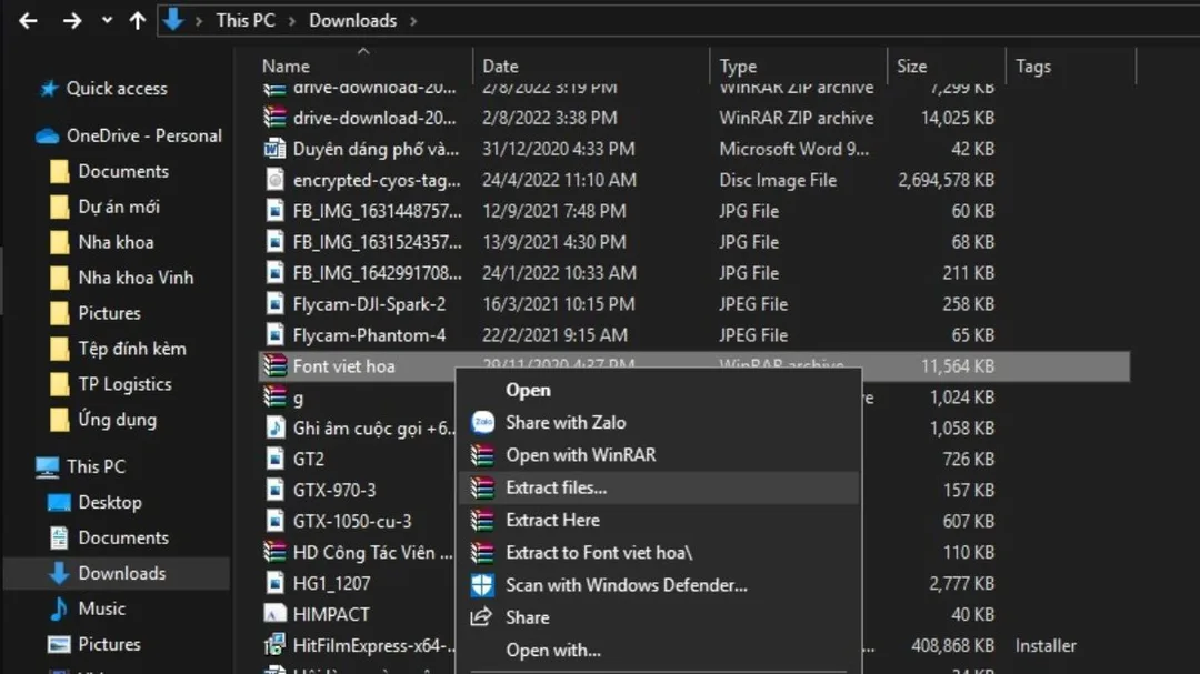 Giải nén file zip chứa bộ font chữ đã tải về