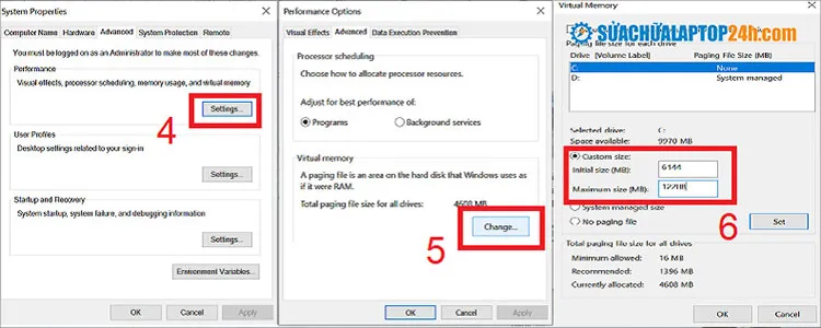 Thực hiện thứ tự như hình thiết lập bộ nhớ RAM ảo