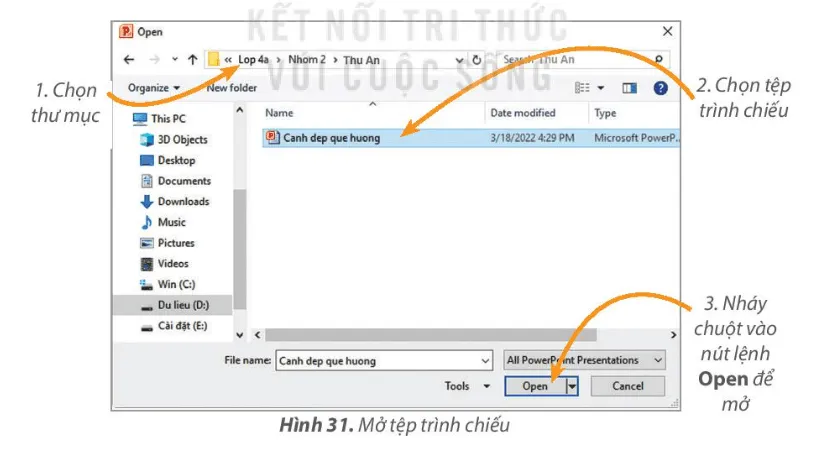 Giao diện cửa sổ Open để mở tệp trình chiếu đã lưu từ các bài học trước