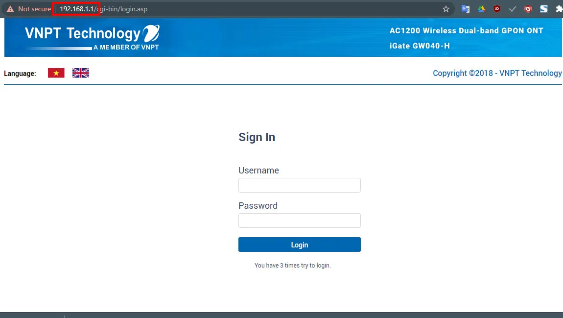 Giao diện đăng nhập để thực hiện cách cài đặt lại modem GW040H