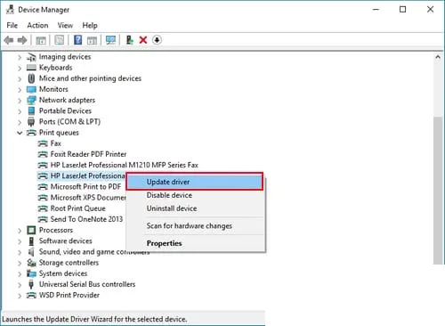 Giao diện Device Manager hiển thị máy in chưa cài driver