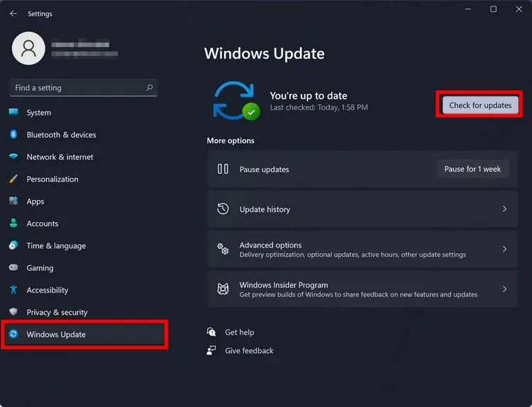 Giao diện kiểm tra bản cập nhật Windows Update trong phần cài đặt