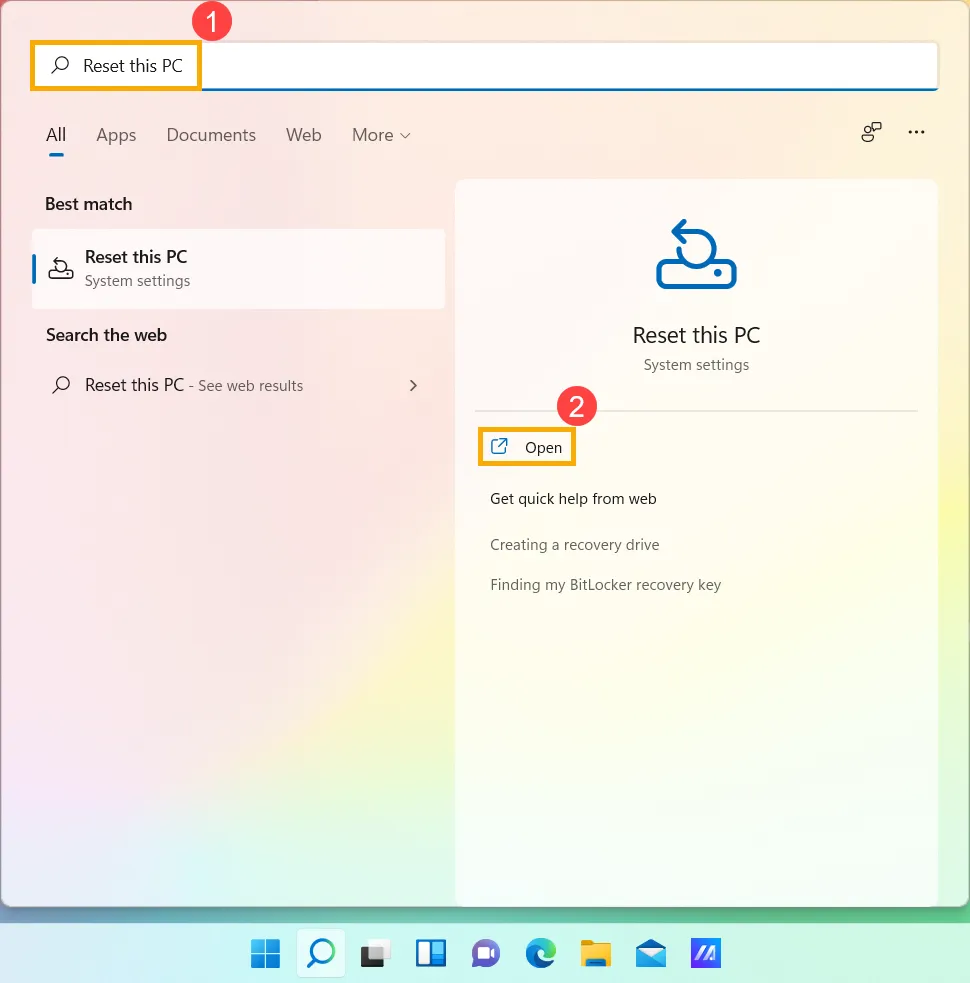 Giao diện tìm kiếm tính năng đặt lại PC trên Windows 11