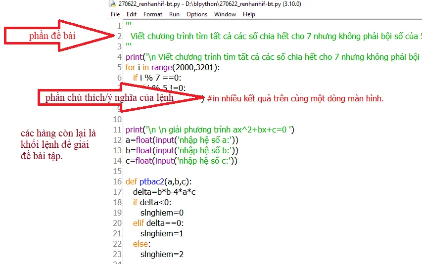 Giao diện trình soạn thảo IDLE hiển thị cấu trúc mã nguồn Python cơ bản