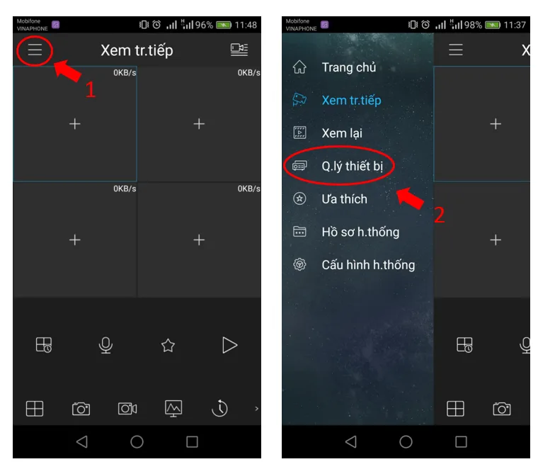 Giao diện xem camera và nút Device Manager