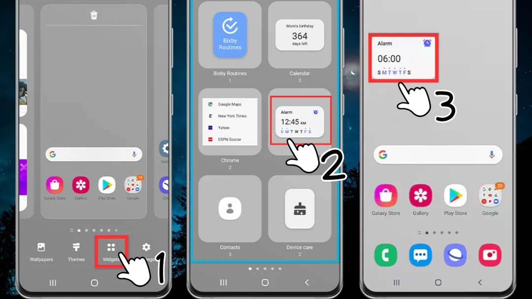 Giữ màn hình chính và chọn mục Widgets để tìm tiện ích