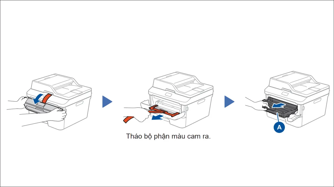 Gỡ vật liệu đóng gói màu cam ra khỏi máy in