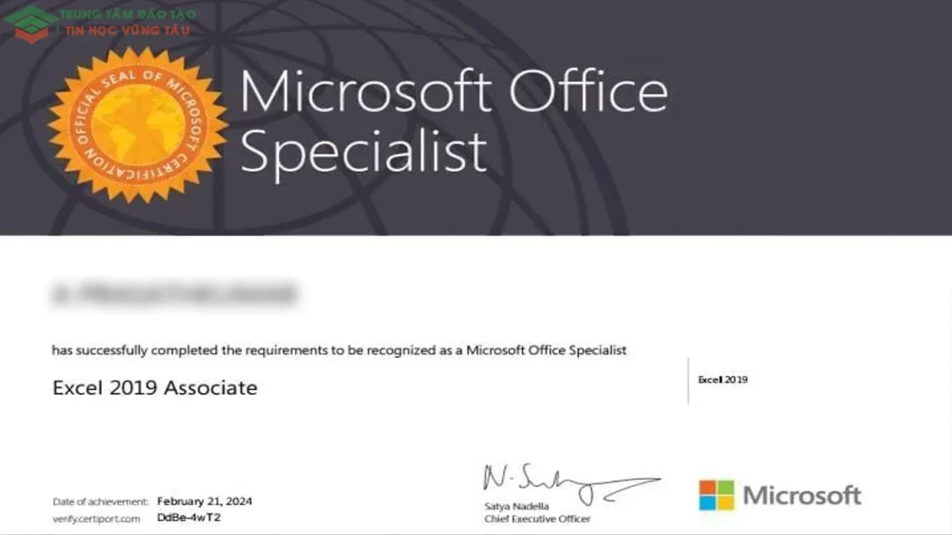 Hình ảnh chứng chỉ tin học văn phòng MOS chính thức từ Microsoft