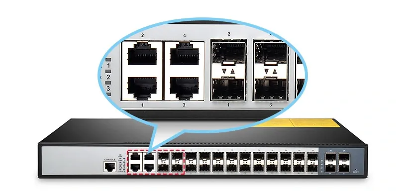 hình ảnh so sánh cổng SFP và  RJ45 trên Switch