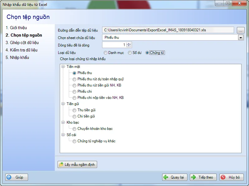 Chọn file và loại dữ liệu