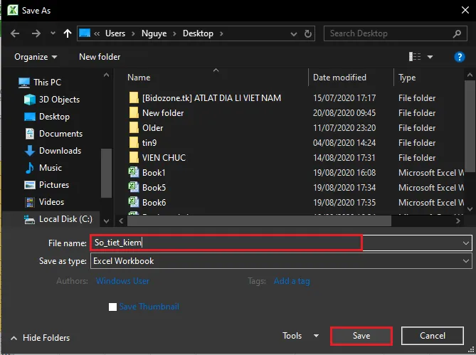 Hoàn tất việc lưu tập tin với tên gọi So_tiet_kiem đúng quy định