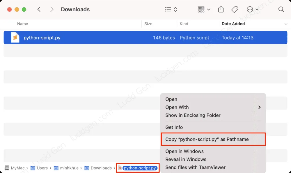 Sao chép file path để chạy file Python trên Mac