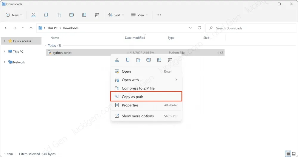 Sao chép file path để chạy file Python trên CMD Windows