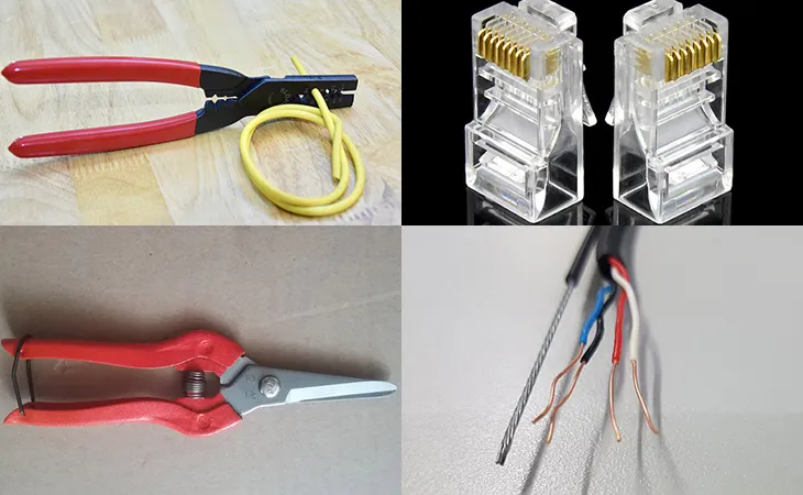 Dụng cụ bấm dây mạng gồm kìm, đầu RJ45, cáp và bộ test