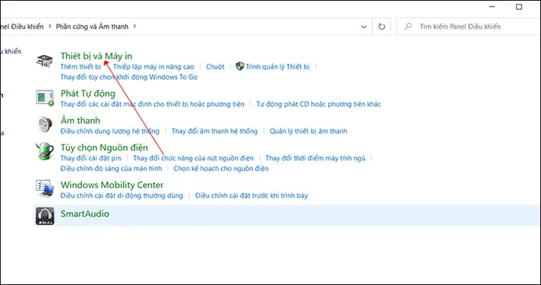 Danh sách thiết bị hiển thị máy in Canon đã cài driver