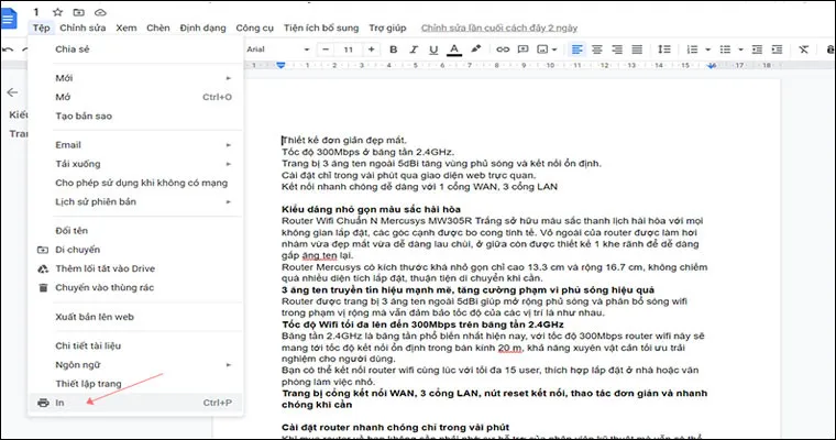Chọn File và Print trong ứng dụng