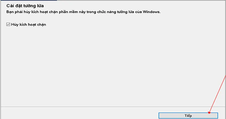 Thông báo yêu cầu tắt tường lửa trước khi tiếp tục
