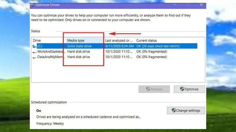 Cá»­a sá»• Optimize drives hiá»‡n lên báº¡n kiá»ƒm tra á»Ÿ cá»™t Media type