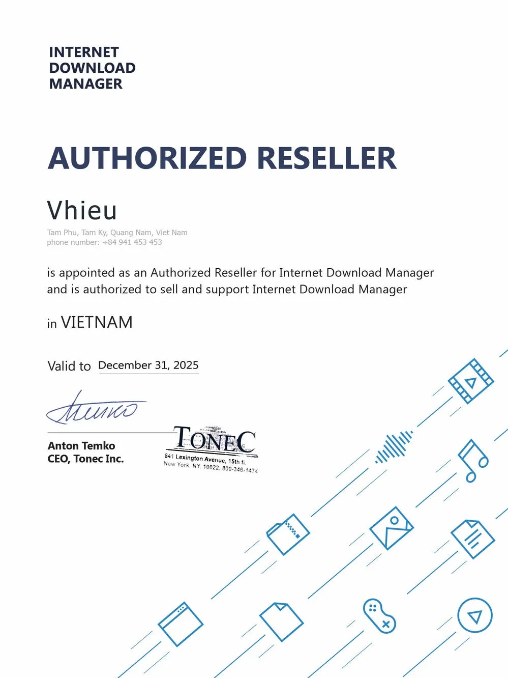 Chứng nhận đại lý phân phối Internet Download Manager chính hãng tại Việt Nam.