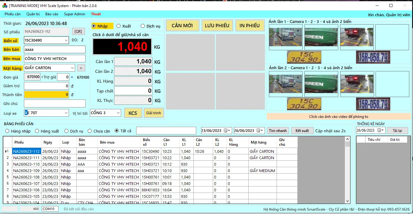 Giao diện phần mềm cân xe tải Smartscale