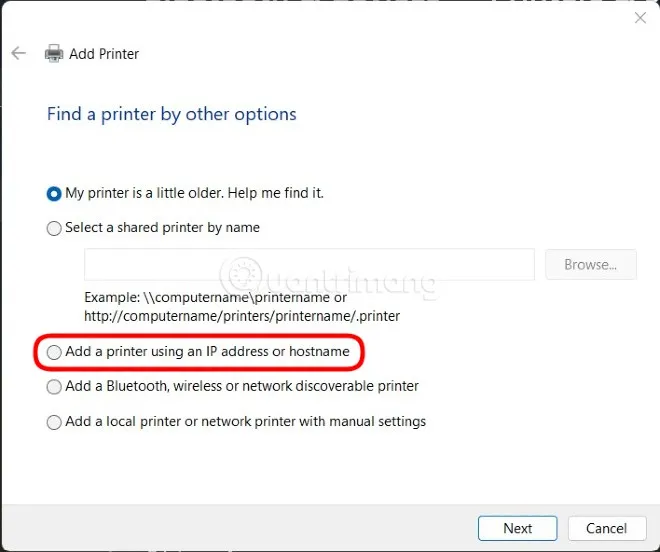 Chọn Add a printer using an IP address or hostname
