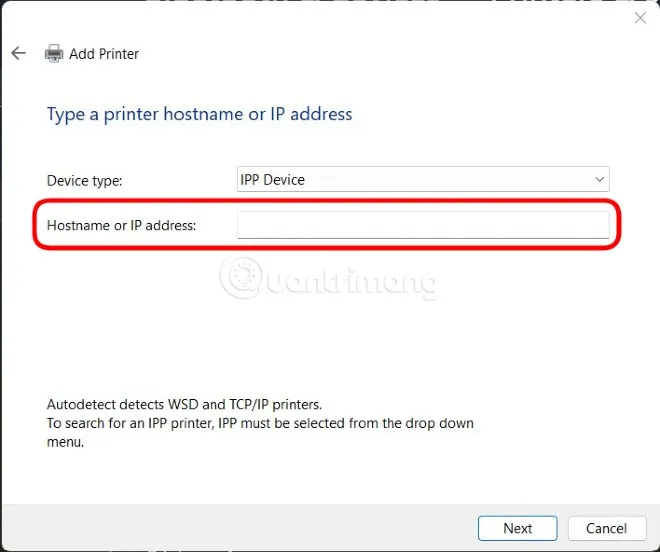 Nhập địa chỉ IP của máy in