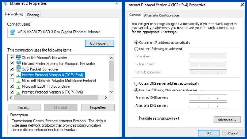 Bảng thông số cấu hình IP tĩnh và DNS cho máy tính trong mạng LAN văn phòng