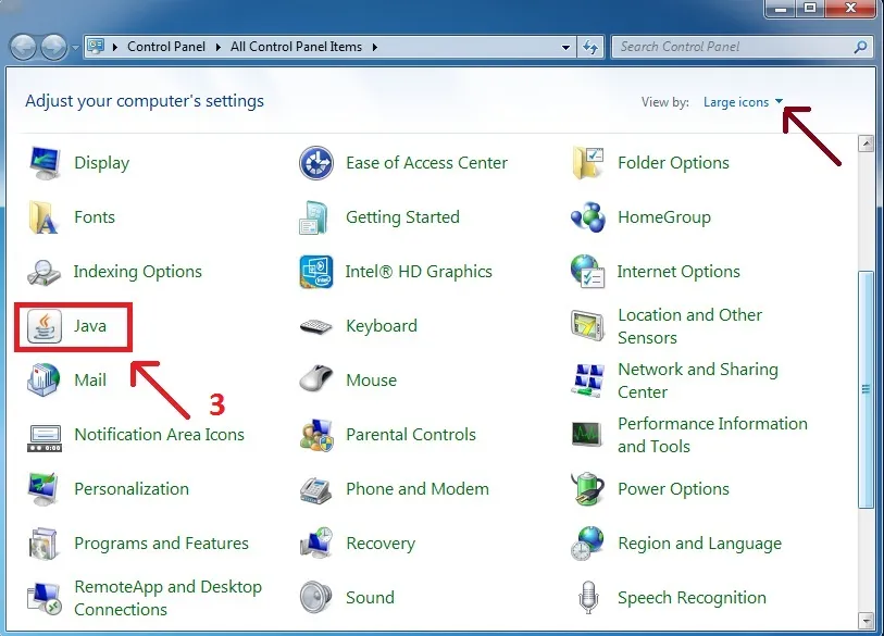 Tìm kiếm Java trong Control Panel