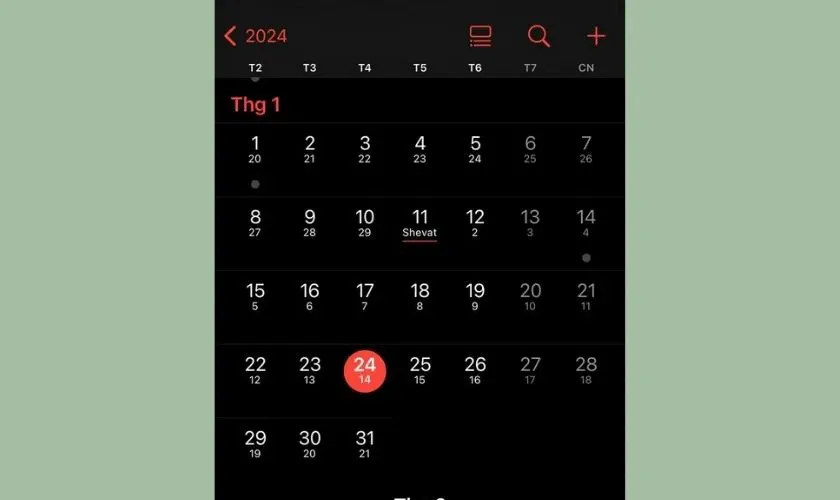 Kết quả hiển thị ngày âm sau khi đã kích hoạt tính năng lịch thay thế