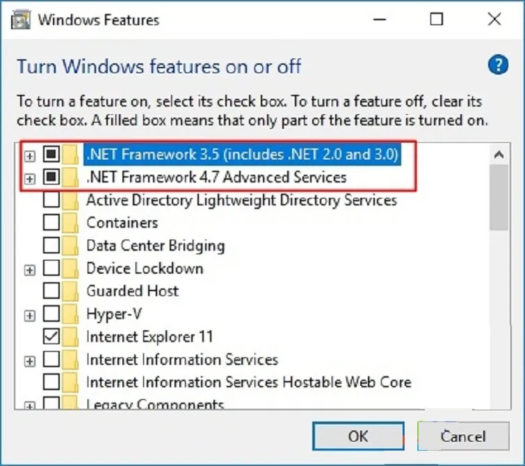 Windows Features dialog