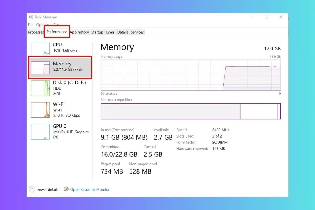 Task Manager hiển thị thông tin RAM trực quan