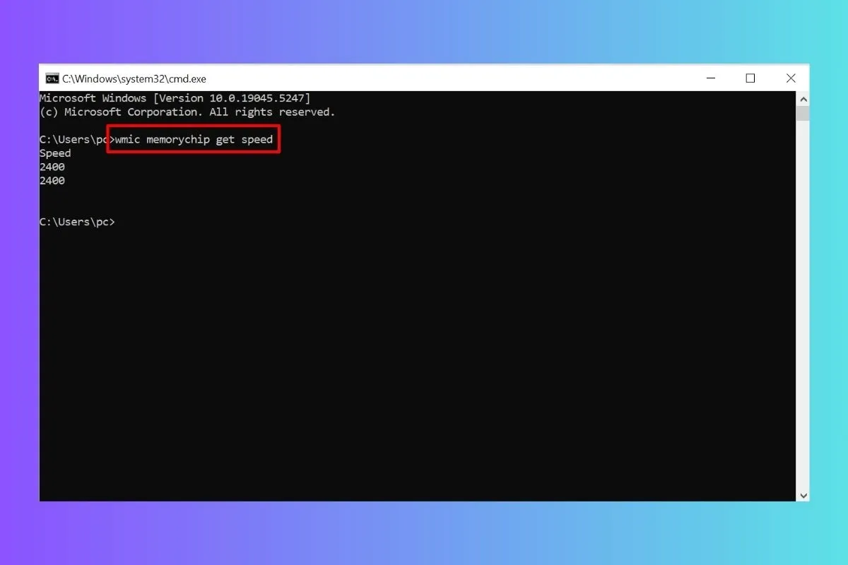 Command Prompt hiển thị bus RAM qua lệnh đơn giản