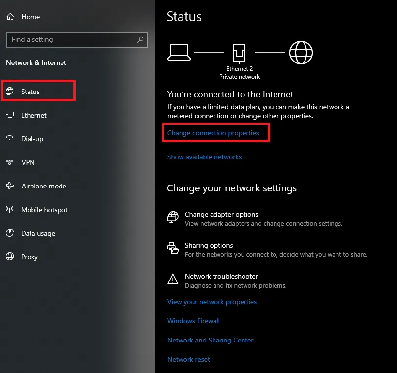 Thay đổi thuộc tính kết nối để mở rộng quyền truy cập nội bộ