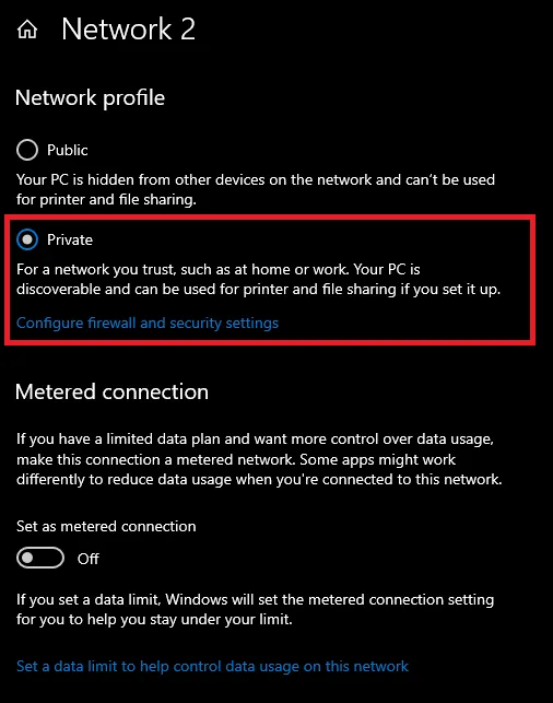 Thiết lập trạng thái Private để giải quyết lỗi không vào được mạng lan win 10