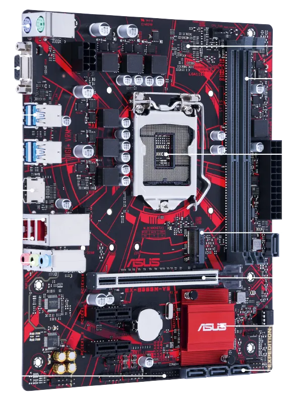 Sơ đồ bố trí các linh kiện và hệ thống cổng kết nối trên bo mạch chủ ASUS