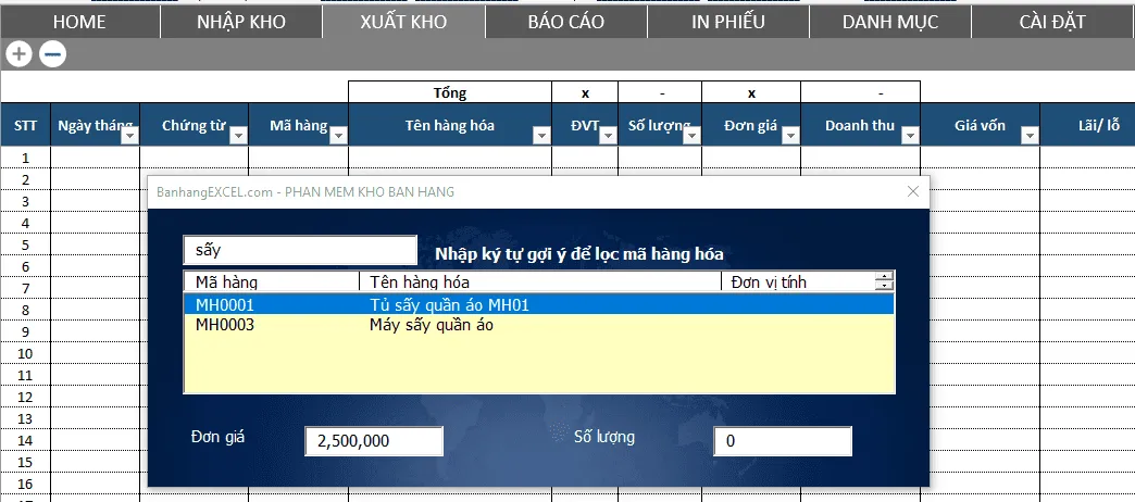 công cụ lọc mã thông minh trên phần mềm kho bán hàng banhangexcel.com file excel quản lý kho, bán hàng, phần mềm excel