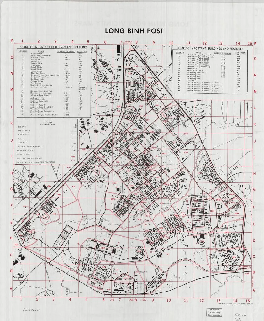 Bản đồ quân sự Long Bình Post năm 1972 với các chi tiết về hạ tầng kỹ thuật và dân dụng
