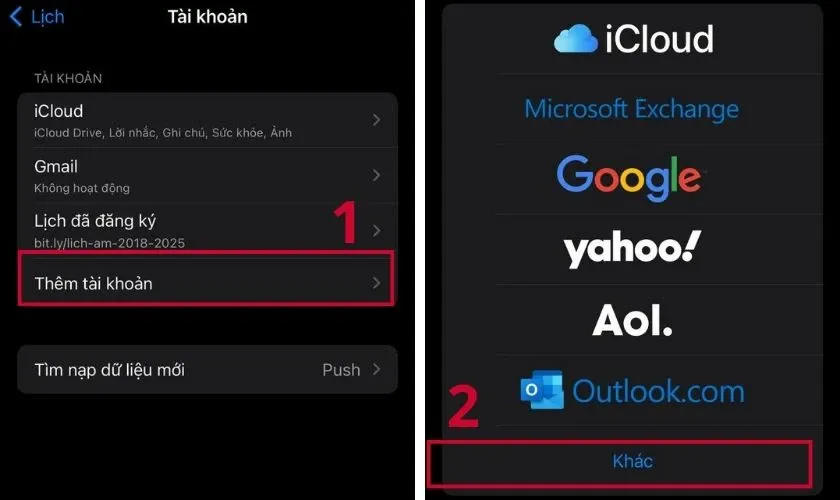 Lựa chọn mục thêm tài khoản khác để tùy chỉnh nguồn dữ liệu lịch