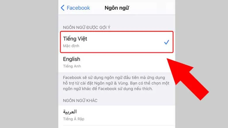Lựa chọn Tiếng Việt để đồng bộ ngôn ngữ cho Facebook trên iPhone