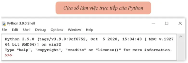 Cửa sổ Shell thực thi các dòng lệnh Python trực tiếp