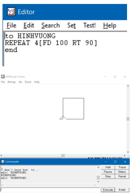 Mã nguồn thủ tục vẽ hình vuông hoàn chỉnh trong Logo