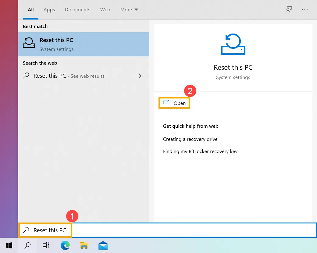 Màn hình bắt đầu của quy trình đặt lại trên Windows 10
