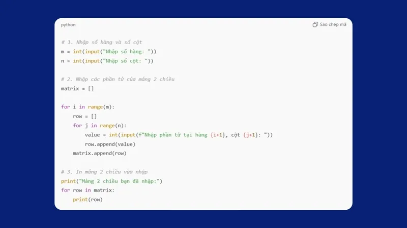 Cách nhập mảng 2 chiều trong Python
