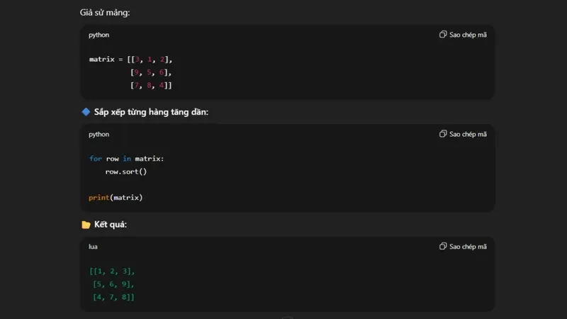 Cách 1: Sắp xếp từng hàng trong mảng (danh sách lồng nhau).
