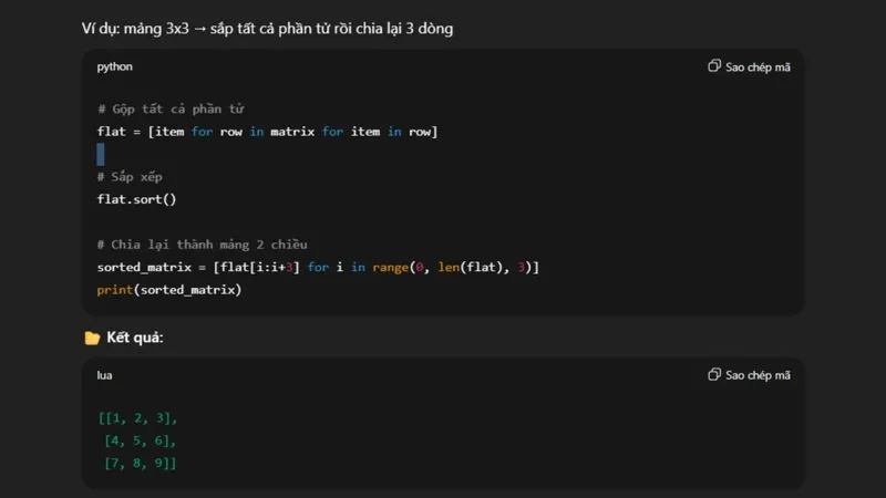 Cách 2: Sắp xếp toàn bộ phần tử rồi sắp lại thành mảng 2 chiều.