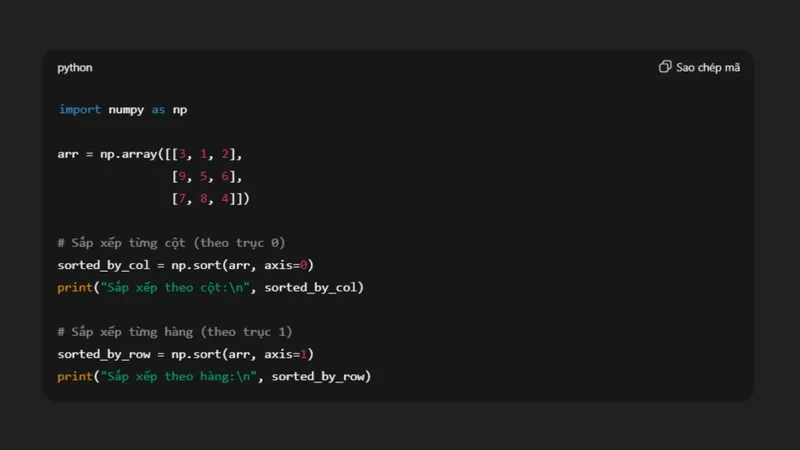 Cách 4: Sử dụng NumPy để sắp xếp theo trục mong muốn.