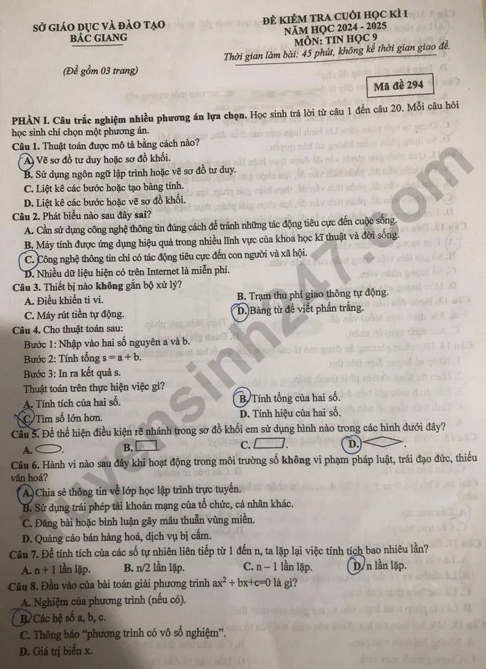 Mặt trước đề thi cuối kì 1 môn tin học lớp 9 Sở GD Bắc Giang